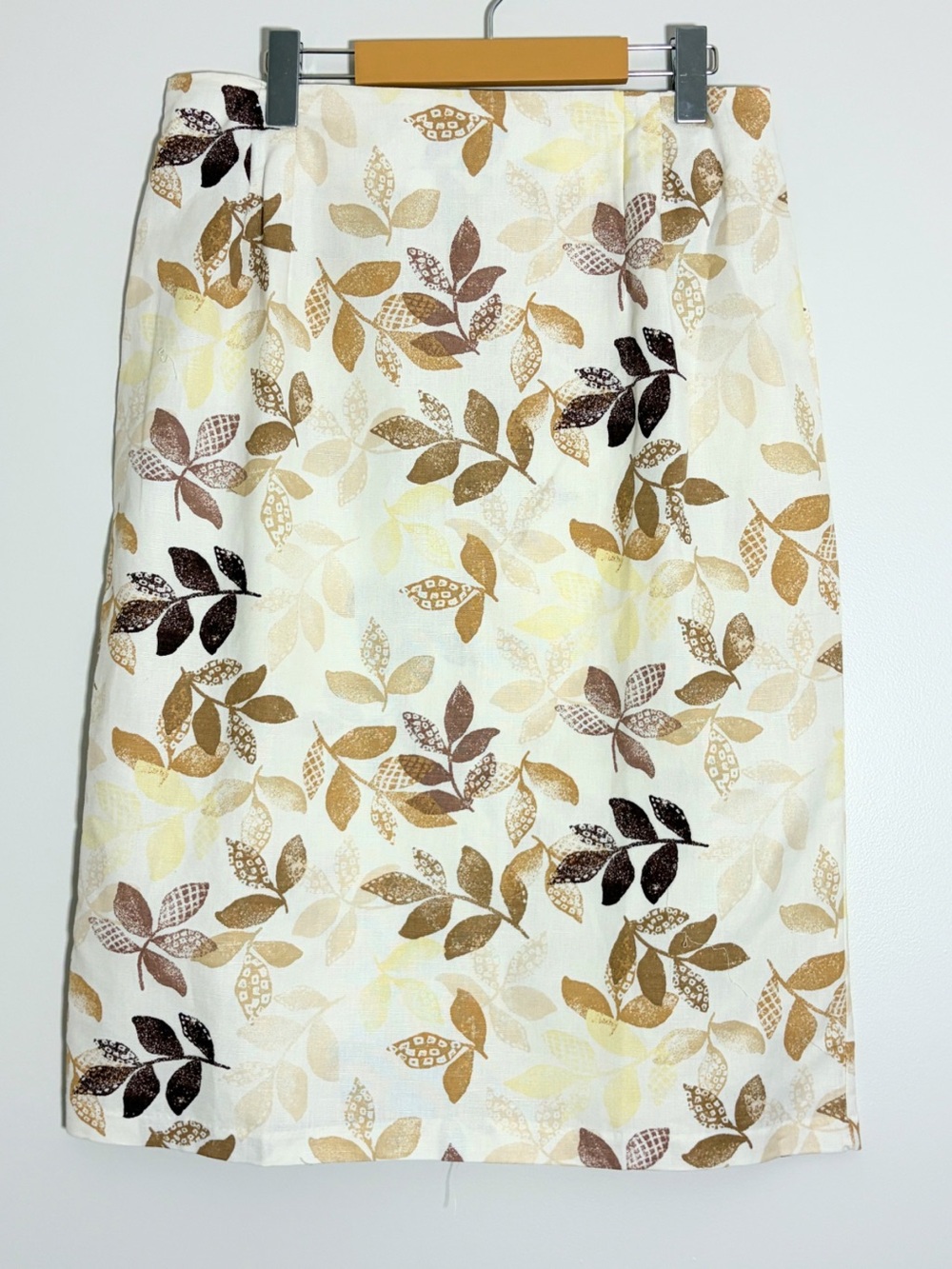 100% Linen Skirt. Leaf-Print Pencil Skirt in Cream and Brown. Boho,  natural